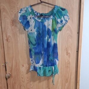 Iz Byer Blue and Green Patterned Blouse